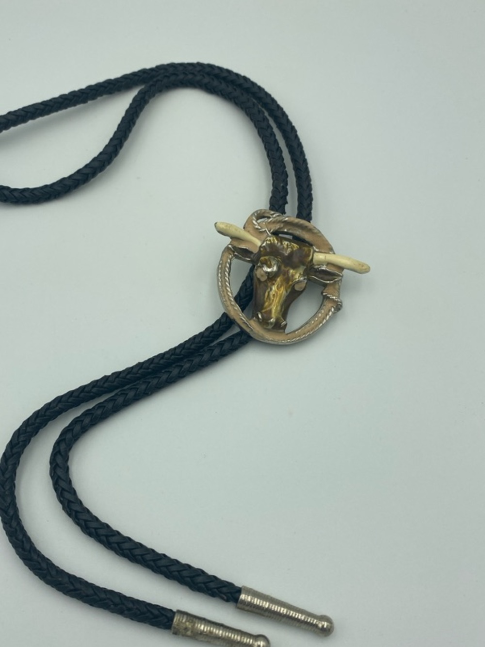 Western Longhorn Bolo Tie in Black and Gold Vintage